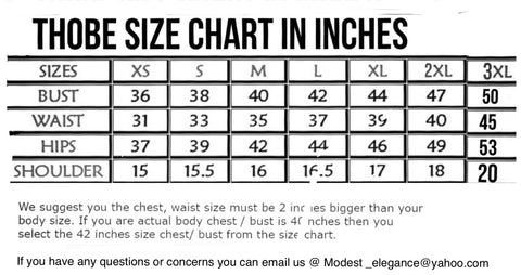 THOBE SIZE CHART IN INCHES – Modest Elegance Boutique