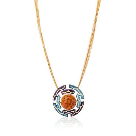 “Time” pendant featuring a 19.54-carat fantasy-cut round citrine accented with blue and purple steel and 18-karat and 24-karat yellow gold by Zoltan David, Zoltan David.