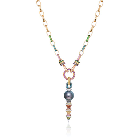 “Link” necklace featuring a 14.9 mm black Tahitian cultured pearl accented with amethysts, aquamarines, multicolored diamonds, multicolored sapphires and tsavorite garnets set in 18-karat yellow gold by Rosa Van Parys, Rosa Van Parys Jewelry.