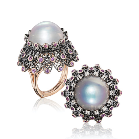 “Black Lace” ring featuring a 16.5 mm cultured pearl accented with pink and lavender sapphires totaling 2.86 carats and diamonds totaling 0.06 carat set in 18-karat rose gold by Brenda Smith, Brenda Smith Jewelry.