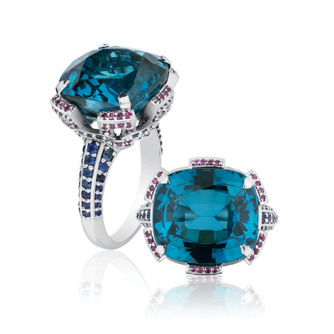 Ring featuring an 18.65-carat cushion-shaped indicolite tourmaline accented with blue and pink sapphires set in platinum by Kathrin Schoenke, KNS Platinum Solutions.