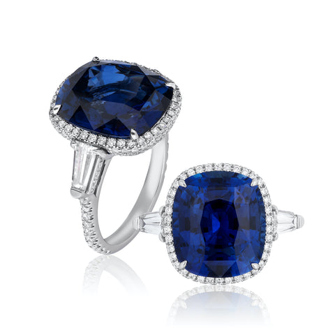 “The Vision” ring featuring an 11.58-carat cushion-shaped blue sapphire accented with diamonds totaling 0.68 carat set in platinum by Benjamin Javaheri, Uneek Jewelry, Inc.
