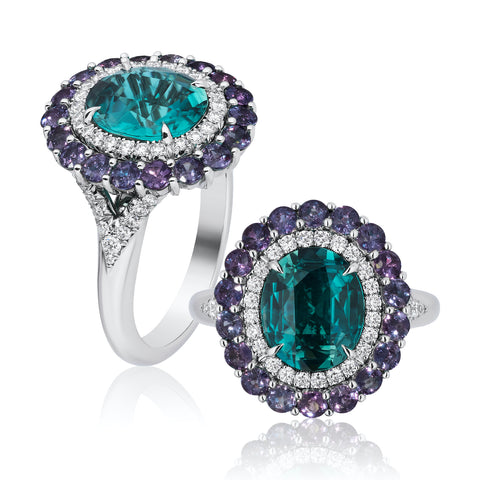 Ring featuring a 2.21-carat oval-shaped grandidierite accented with alexandrites totaling 1.18 carats and diamonds totaling 0.34 carat set in platinum by Niveet Nagpal, Omi Privé.