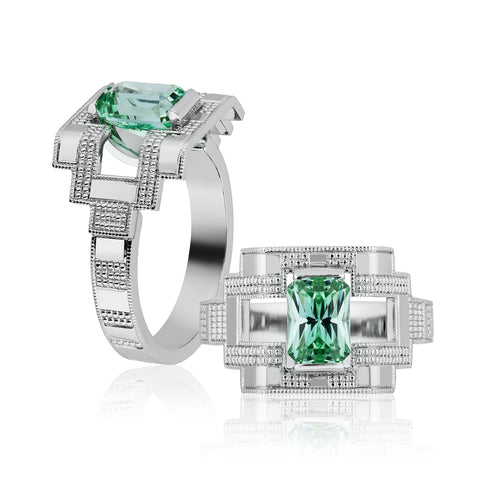 Ring featuring a 1.39-carat radiant-cut mint-green Maine tourmaline set in platinum by Jacob Wosinski, Jacob Raymond Custom Jewelry.
