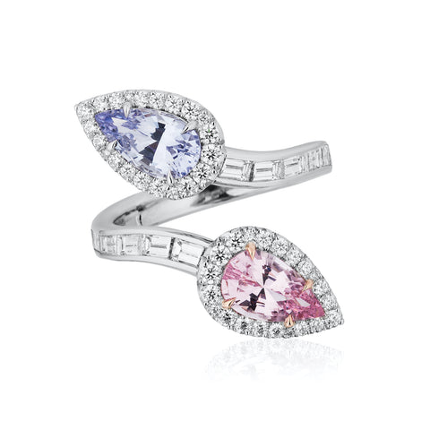 Ring featuring pink and lavender pear-shaped spinels totaling 2.49 carats accented with diamonds totaling 1.26 carats set in platinum by Nikki Swift, Nicole Mera LLC.