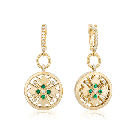 Earrings featuring round emeralds totaling 0.16 carat and diamonds totaling 0.20 carat set in 18-karat yellow gold by Timothy W Foster, T. Foster & Company.