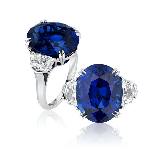 Ring featuring a 14.28-carat oval-shaped blue Sri Lankan sapphire accented with diamonds set in platinum by Joseph Ambalu, Amba Gem Corp.