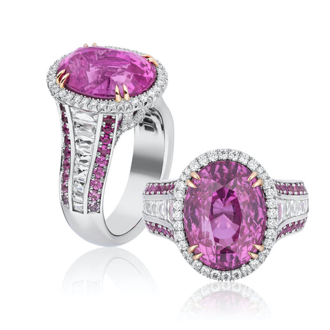 Ring featuring a 10.10-carat oval-shaped pink sapphire accented with diamonds totaling 1.36 carats, pink sapphires totaling 0.72 carat and alexandrites totaling 0.01 carat set in platinum by Niveet Nagpal, Omi Privé.