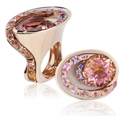 Ring featuring a 20.65-carat autumn-colored tourmaline accented with ombré sapphires totaling 5.65 carats set in 18-karat rose gold that’s been E-coated to showcase the gemstones by Matthew Trent, Matthew Trent.