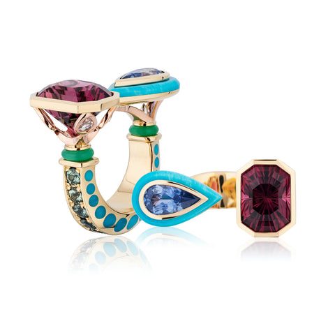 “Casatheia” ring featuring an 8.40-carat rubellite tourmaline paired with a 2.33-carat blue sapphire accented with chrysoprase, Montana sapphires totaling 1.68 carats, diamonds totaling 0.40 carat and a pear-shaped turquoise set in platinum, 18-karat yellow gold and rose gold by Michael Tope, Raintree, LLC.