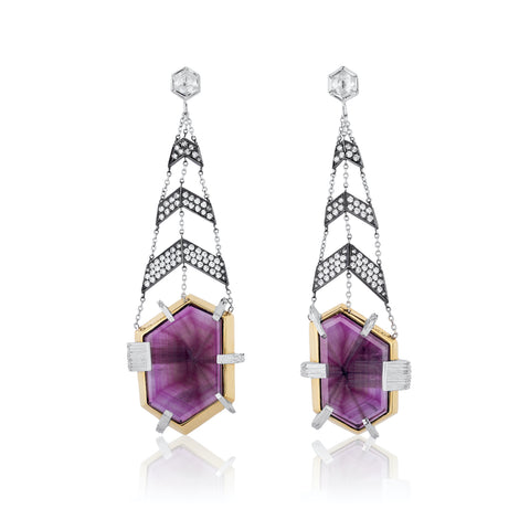 “Razzle Dazzle” earrings featuring trapiche rubies totaling 30.94 carats and diamonds totaling 2.40 carats set in platinum and 18-karat yellow gold by Sean Smokovich, Somewhere In The Rainbow.