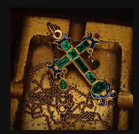 Antique Colombian emerald and gold cross