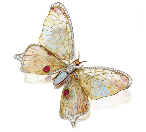 Art Nouveau plique-à-jour enamel jeweled butterfly brooch, French, circa 1900