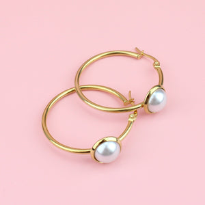 
                
                    Load image into Gallery viewer, Faux Pearl Hoops (Gold Plated)
                
            