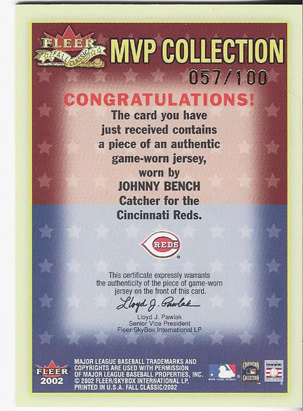 Johnny Bench 2002 Fleer Game Used Jersey Card 57/100