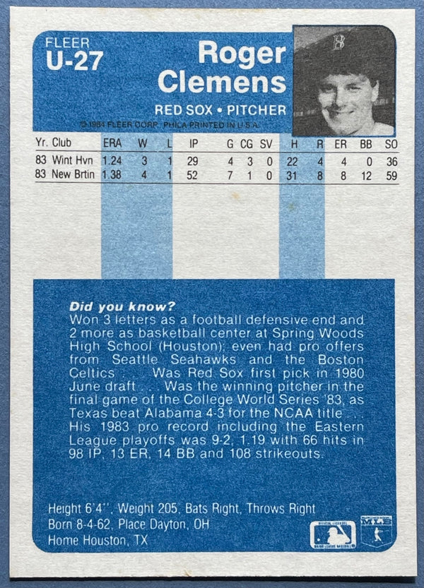 Roger Clemens Signed Boston Red Sox 1984 Fleer Update Rookie Card