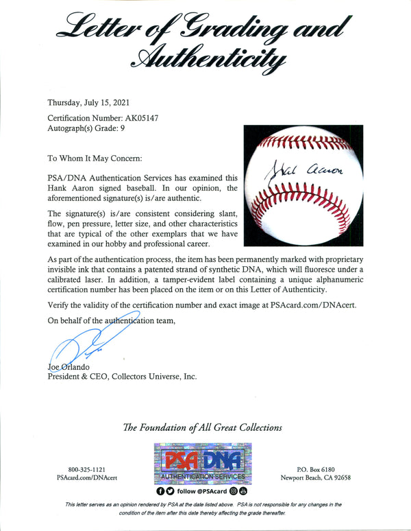 Hank Aaron PSA DNA Autographed Baseball