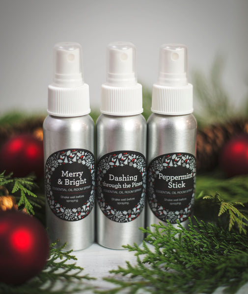 A few of the "12 Sprays of Christmas" labels on our 2 oz. aluminum spray bottles with Christmas decor.