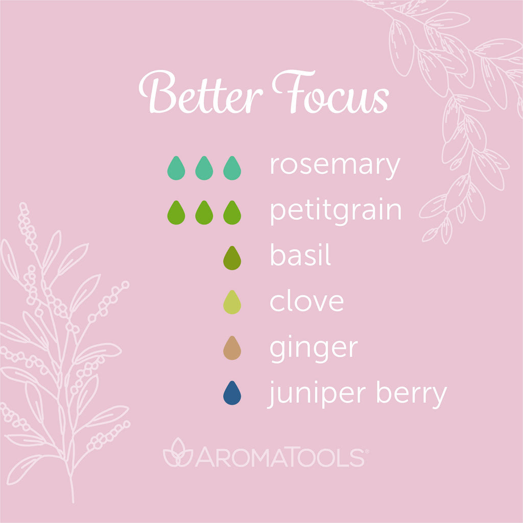 "Better Focus" Diffuser Blend. Features rosemary, petitgrain, basil, clove, ginger, and juniper berry essential oils.