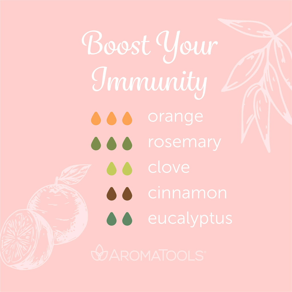 "Boost Your Immunity" Diffuser Blend. Features orange, rosemary, clove, cinnamon and eucalyptus essential oils.