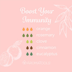 "Boost Your Immunity" Diffuser Blend. Features orange, rosemary, clove, cinnamon, and eucalyptus essential oils.