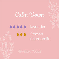 "Calm Down" Diffuser Blend. Features lavender and Roman chamomile essential oils.