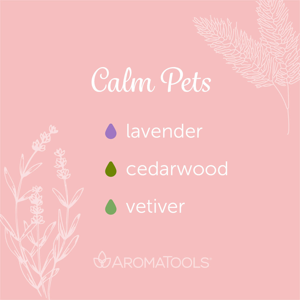"Calm Pets" Diffuser Blend. Features lavender, cedarwood, and vetiver essential oils.