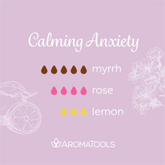 "Calming Anxiety" Diffuser Blend. Features myrrh, rose and lemon essential oils.