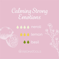 "Calming Strong Emotions" Diffuser Blend. Features neroli, lemon, and basil essential oils.