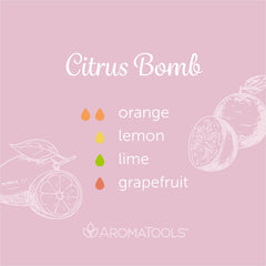 "Citrus Bomb" Diffuser Blend. Features orange, lemon, lime, and grapefruit essential oils.