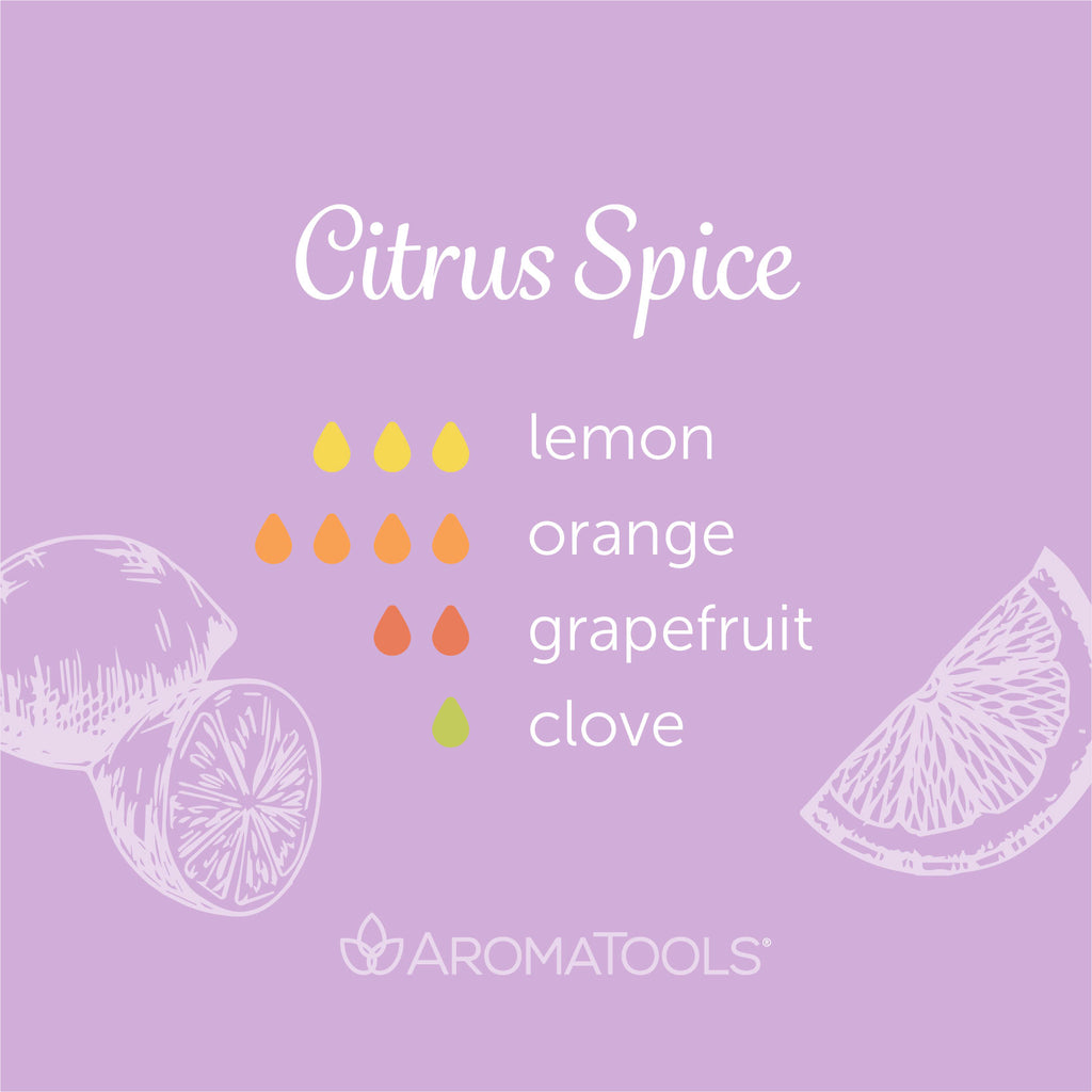 "Citrus Spice" Diffuser Blend. Features lemon, orange, grapefruit, and clove essential oils.