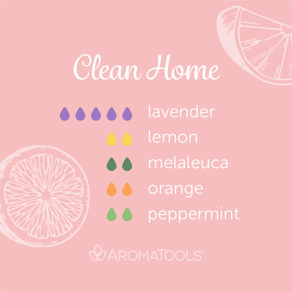 "Clean Home" Diffuser Blend. Features lavender, lemon, melaleuca, orange and peppermint essential oils.