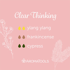 "Clear Thinking" Diffuser Blend. Features ylang ylang, frankincense, and cypress essential oils.