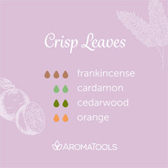 "Crisp Leaves" Diffuser Blend. Features frankincense, cardamom, cedarwood, and orange essential oils.
