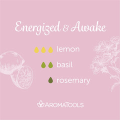 "Energized & Awake" Diffuser Blend. Features lemon, basil, and rosemary essential oils.