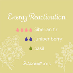 "Energy Reactivation" Diffuser Blend. Features Siberian fir, juniper berry, and basil essential oils.