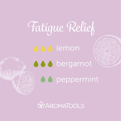 "Fatigue Relief" Diffuser Blend. Features lemon, bergamot, and peppermint essential oils.