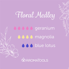 "Floral Medley" Diffuser Blend. Features geranium, magnolia, and blue lotus essential oils.