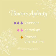 "Flower Aplenty" Diffuser Blend. Features lavender, geranium, and Roman chamomile essential oils.