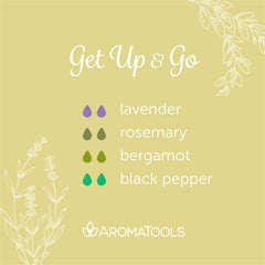 "Get Up & Go" Diffuser Blend. Features lavender, rosemary, bergamot, and black pepper essential oils.