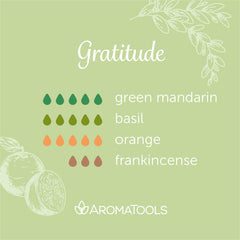 "Gratitude" Diffuser Blend. Features green mandarin, basil, orange, and frankincense essential oils.