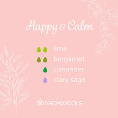 "Happy & Calm" Diffuser Blend. Features lime, bergamot, coriander, and clary sage essential oils.