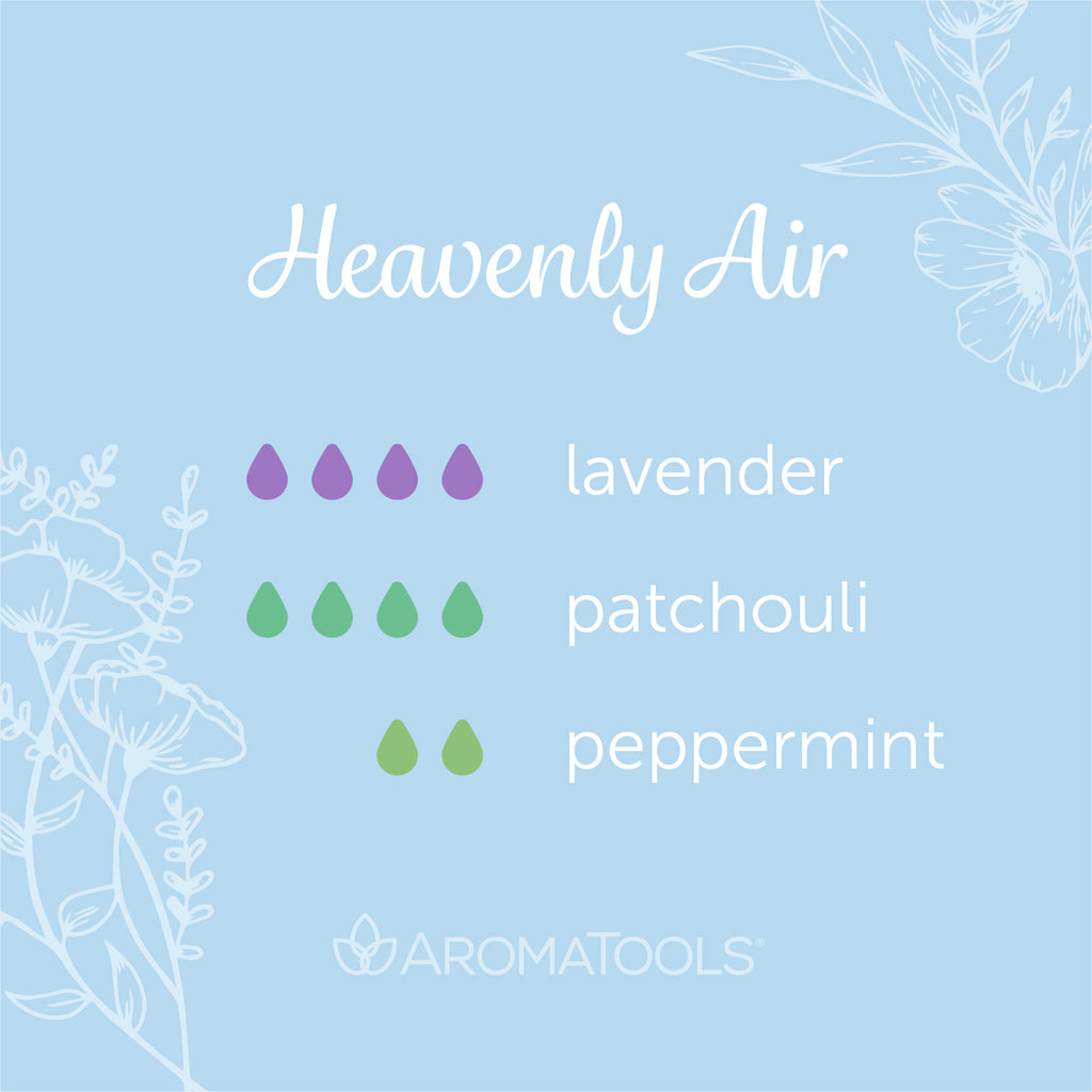 "Heavenly Air" Diffuser Blend. Features lavender, patchouli and peppermint essential oils.