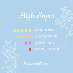 "High Hopes" Diffuser Blend. Features magnolia, ylang ylang, geranium, and sandalwood essential oils.