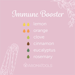 "Immune Booster" Diffuser Blend. Features lemon, orange, clove, cinnamon, eucalyptus, and rosemary essential oils.