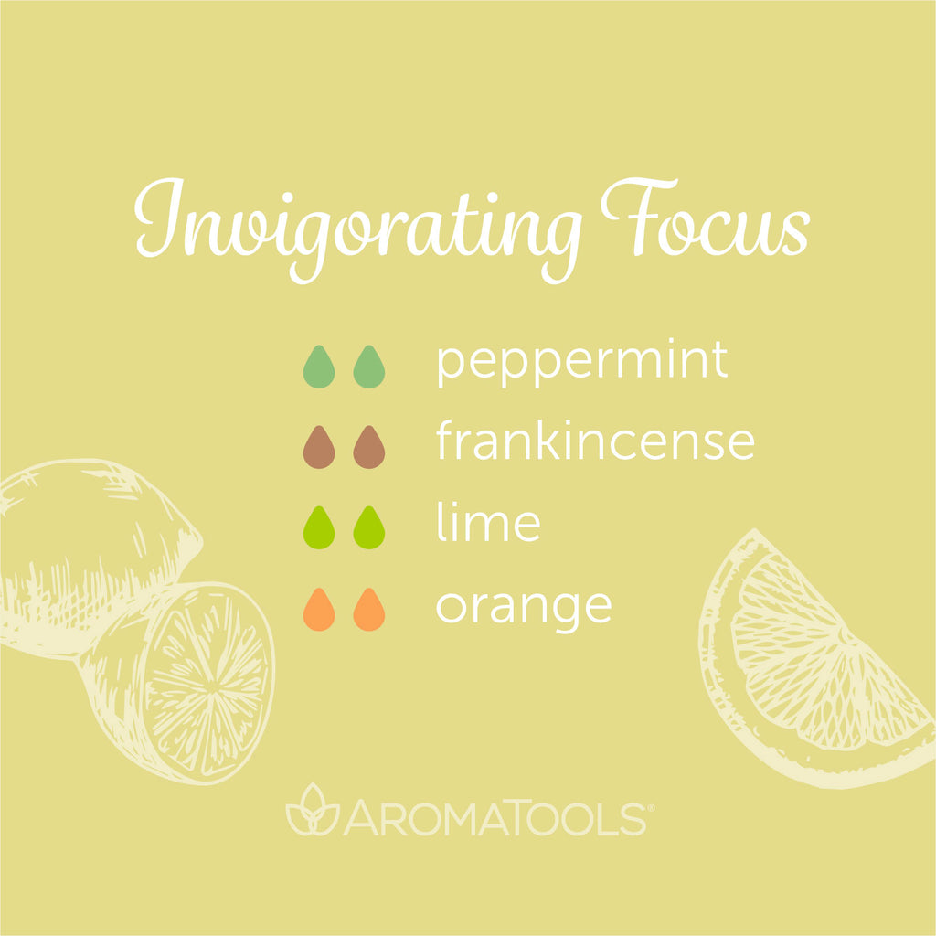 "Invigorating Focus" Diffuser Blend. Features peppermint, frankincense, lime and orange essential oils.