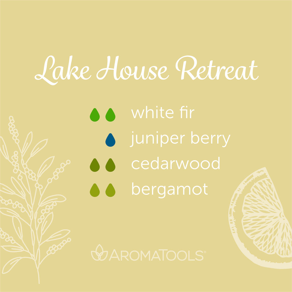 "Lake House Retreat" Diffuser Blend. Features white fir, juniper berry, cedarwood and bergamot essential oils.