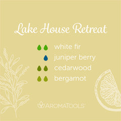 "Lake House Retreat" Diffuser Blend. Features white fir, juniper berry, cedarwood, and bergamot essential oils.