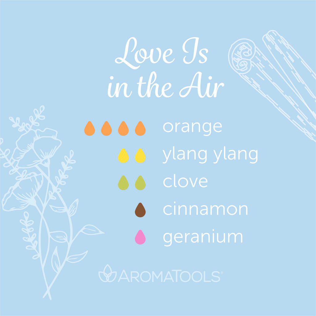 "Love Is in the Air" Diffuser Blend. Features orange, ylang ylang, clove, cinnamon and geranium essential oils.