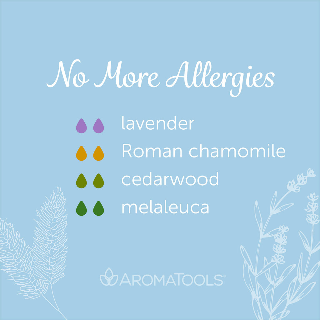 "No More Allergies" Diffuser Blend. Features lavender, Roman chamomile, cedarwood, and melaleuca essential oils.